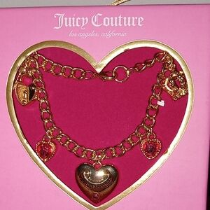 Juicy Couture Gold and Red Heart Charm Valentines Day Bracelet New